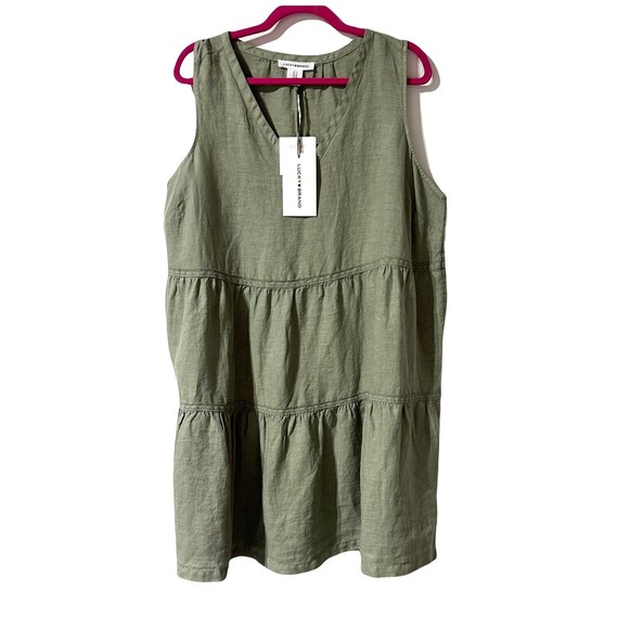 Lucky Brand Dress V-Neck sleeveless Tiered 100% Linen Size 1X Crochet Trim NWT - Picture 1 of 8